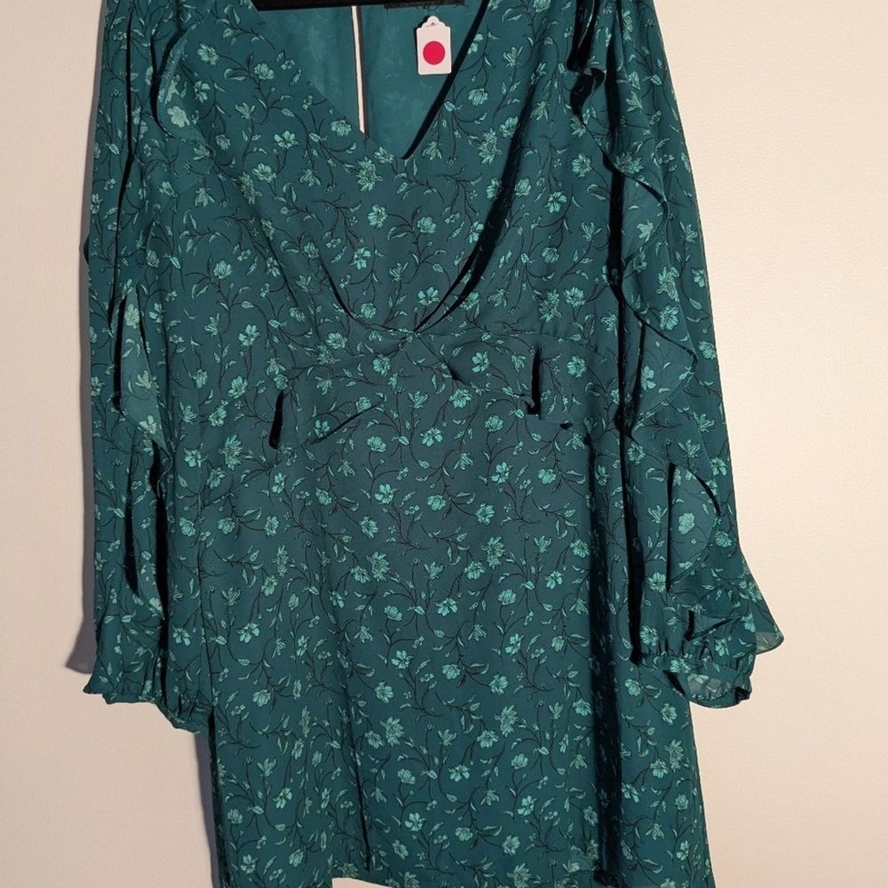Forest Lily Teal/Green‎ Floral V-Neck Mini Dress Ruffle Long Sleeve Green Womens